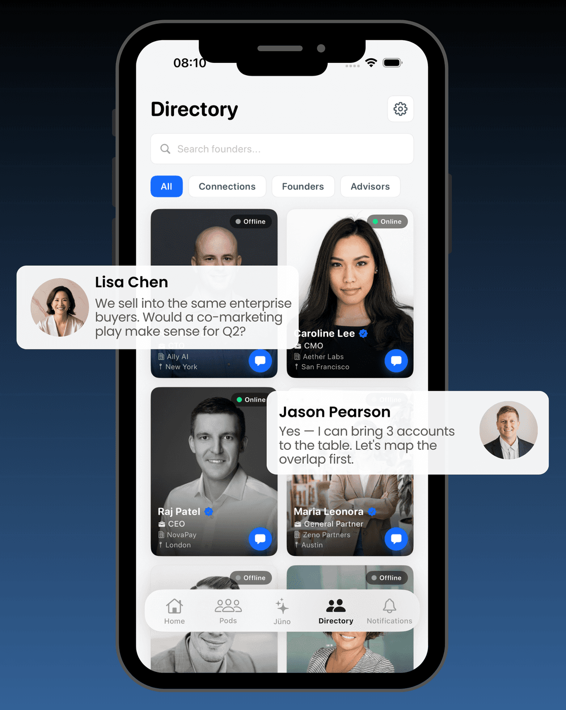 The Utopia app's member directory of founders, advisors and connections