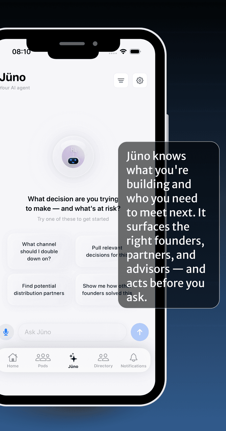 Jüno in the Utopia app, surfacing relevant founders and follow-up for a live decision