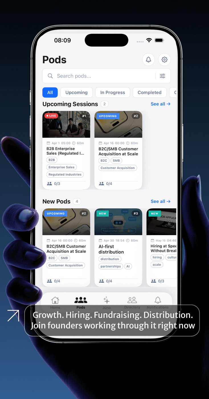 The Utopia app's Pods screen, showing upcoming, in-progress and completed decision pods