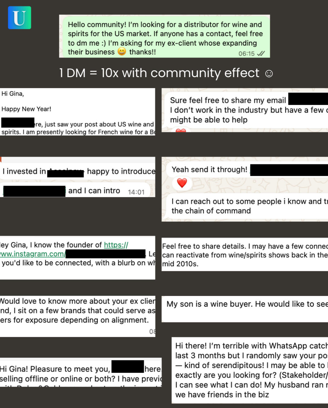 Founder-to-founder warm introductions and partnerships Real messages showing founders sharing contacts, making introductions, and helping each other unlock partnerships through shared context